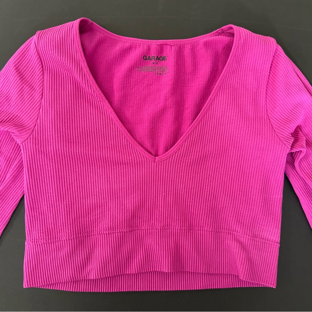 Garage Pink Ribbed Crop Blouse 3/4 Sleeve